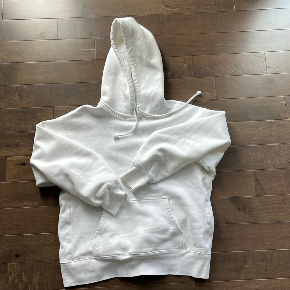 TNA cozy boyfriend fit white hoodie, good condition, worn at home.